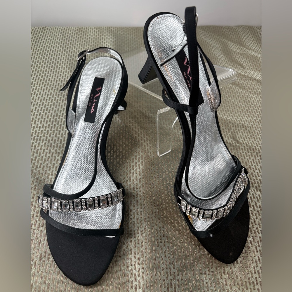 NWOT Nina Black Satin Crystal Embellished Ankle Strap Slingback Heels Size 11 M